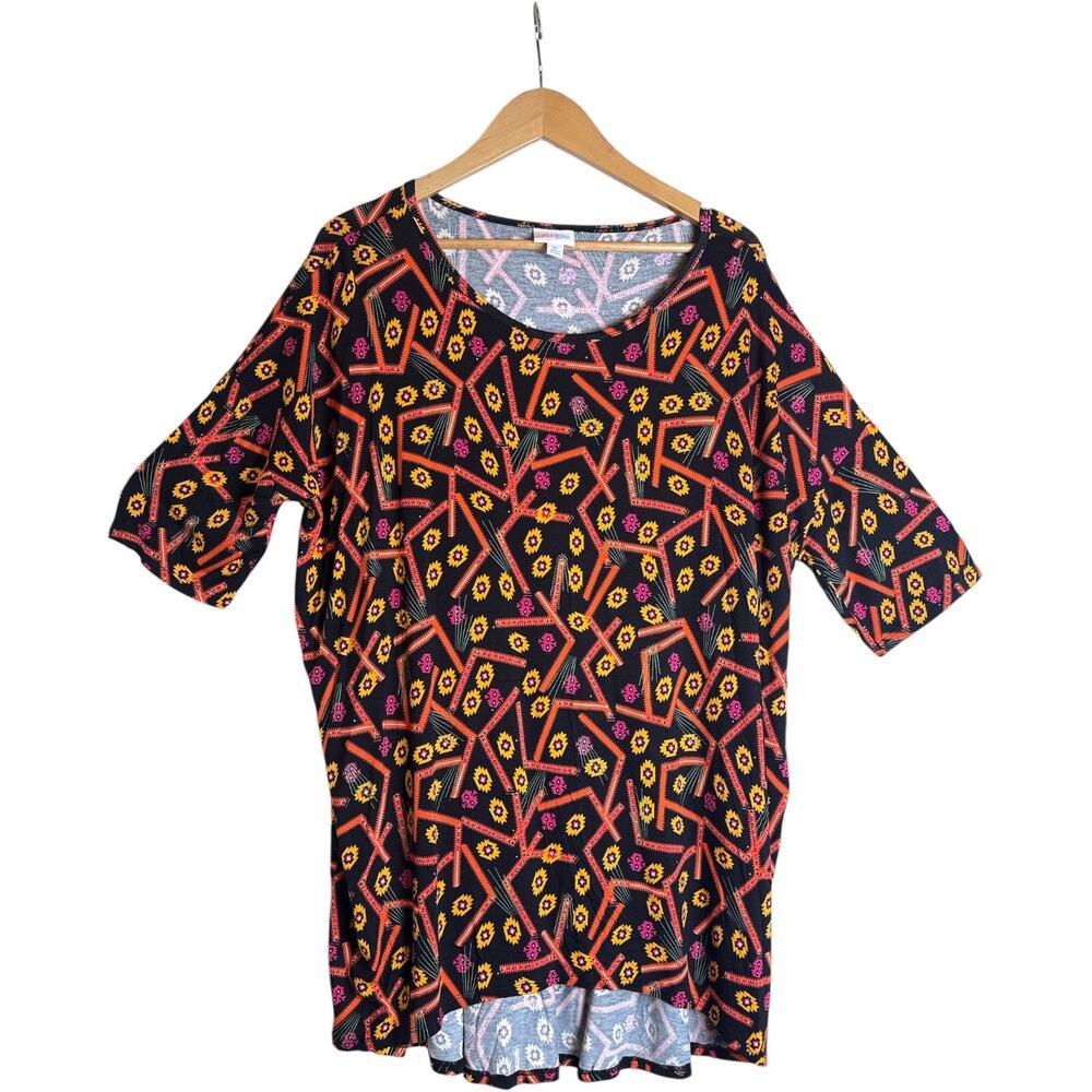 LuLaRoe Irma Tunic Top XL NWT Black Geometric Floral Print Oversized - Picture 2 of 7